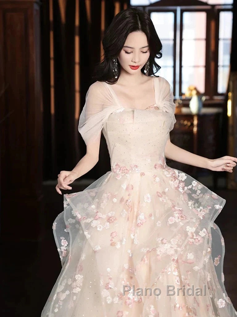 Champagne A-Line Tulle Sequins Long Formal Prom Dresses Embroidery Applique Formal Evening Dresses