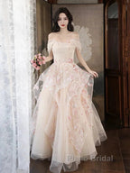 Champagne A-Line Tulle Sequins Long Formal Prom Dresses Embroidery Applique Formal Evening Dresses