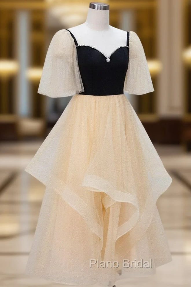 Champagne A-Line Tulle Short Formal Prom Dresses, Champagne Formal Dresses