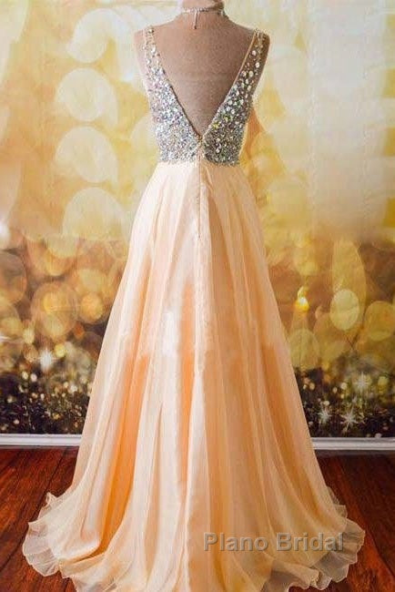 Champagne A-Line  V Neck Chiffon Long Formal Prom Dresses, Formal Dresses Secondary image