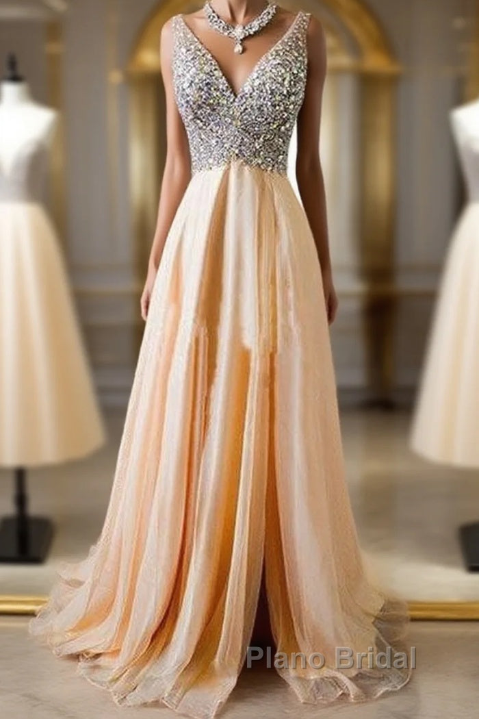Champagne A-Line  V Neck Chiffon Long Formal Prom Dresses, Formal Dresses Main image