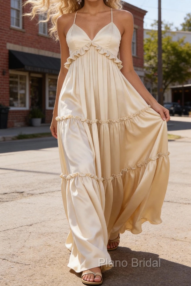 Champagne A-line V Neck Sleeveless Floor-Length Chiffon Prom Dress Long Prom Dresses Backless with Pleated Ruffles