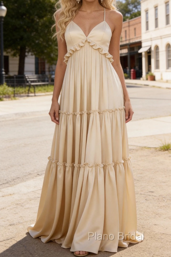 Champagne A-line V Neck Sleeveless Floor-Length Chiffon Prom Dress Long Prom Dresses Backless with Pleated Ruffles