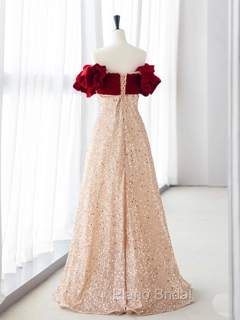 Champagne A-Line velvet Long Formal Prom Dresses, Champagne Tulle Sequin Long Formal Dresses