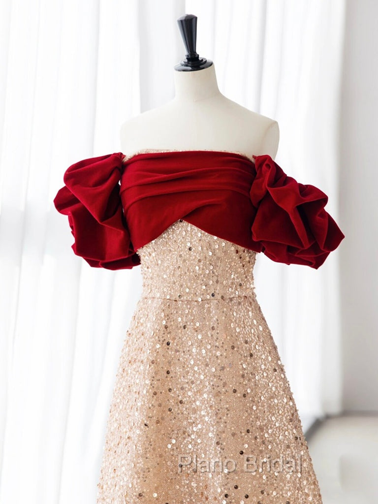 Champagne A-Line velvet Long Formal Prom Dresses, Champagne Tulle Sequin Long Formal Dresses