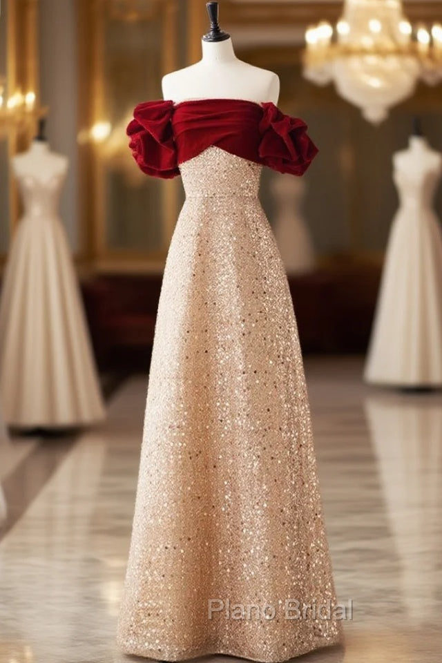 Champagne A-Line velvet Long Formal Prom Dresses, Champagne Tulle Sequin Long Formal Dresses