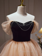 Champagne and Black Sweetheart Short Formal Dresses, Tulle Homecoming Dresses
