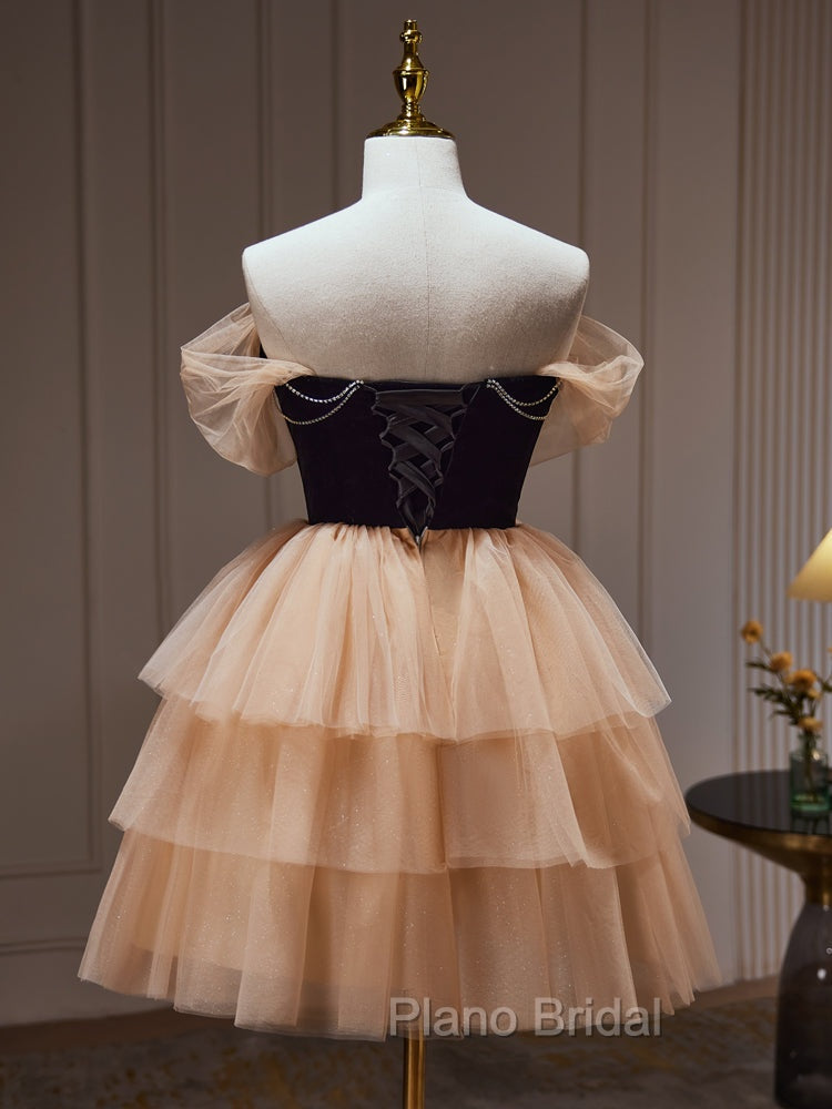 Champagne and Black Sweetheart Short Formal Dresses, Tulle Homecoming Dresses Secondary image