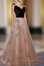 Champagne and Black Vevet Long Party Dresess, Straps Long Formal Dresses