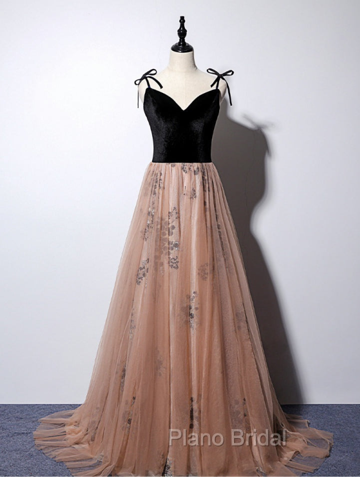 Champagne and Black Vevet Long Party Dresess, Straps Long Formal Dresses Secondary image