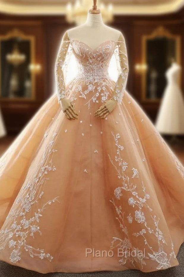 Champagne Ball Gown Off The Shoulder Long Sleeve Wedding Dresses