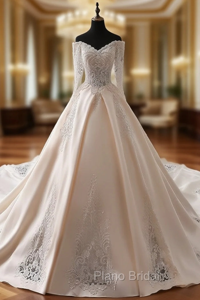 Champagne Ball Gown Satin Appliques Off The Shoulder Wedding Dresses