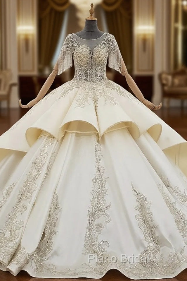 Champagne Ball Gown Satin Cap Sleeve Beading Sequins Wedding Dresses Main image