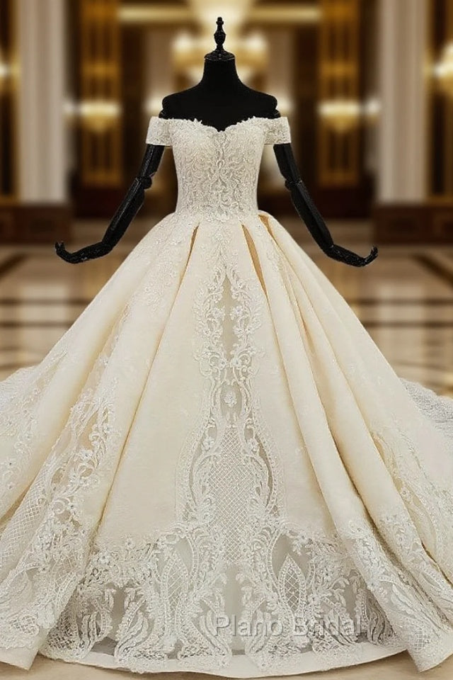 Champagne Ball Gown Satin Off the Shoulder Appliques Wedding Dresses Main image