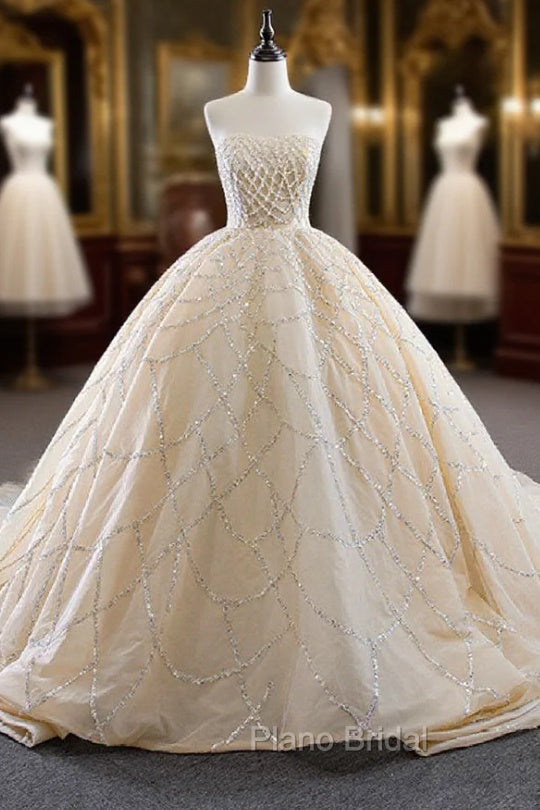 Champagne Ball Gown Sequins Beading Formal Prom Dresses