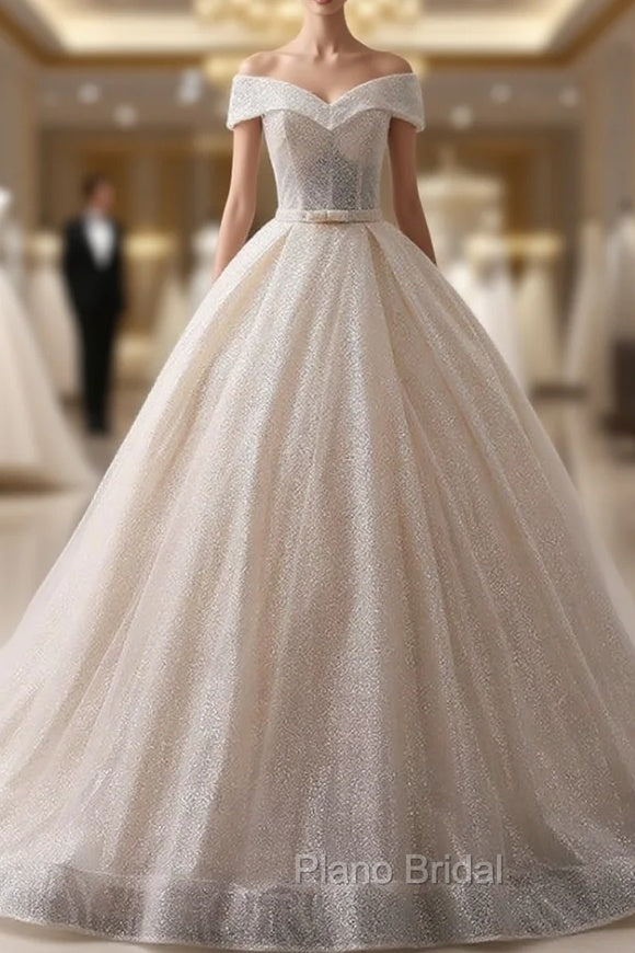 Champagne Ball Gown Sequins Off The Shoulder Long Train Wedding Dresses Main image