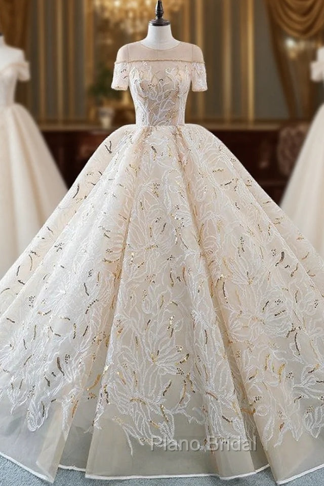 Champagne Ball Gown Sequins Short Sleeve Long Train Wedding Dresses Main image