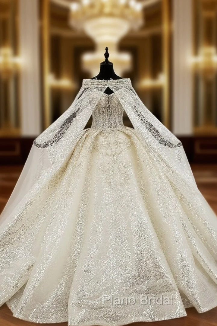 Champagne Ball Gown Sequins Sweetheart Beading Wedding Dresses With Shawl