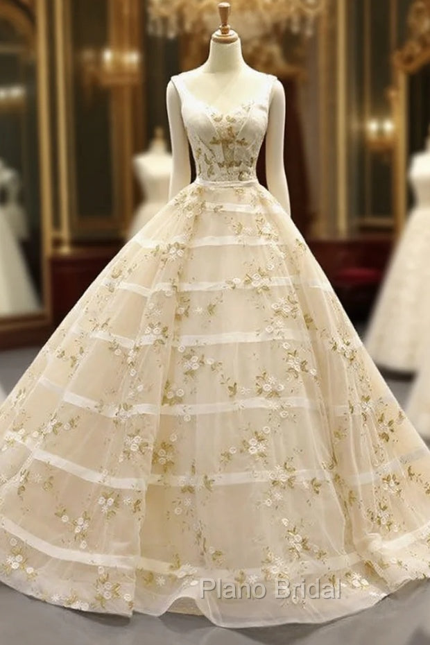 Champagne Ball Gown Straps Tulle Appliques Backless Sweet 16 Formal Prom Dresses