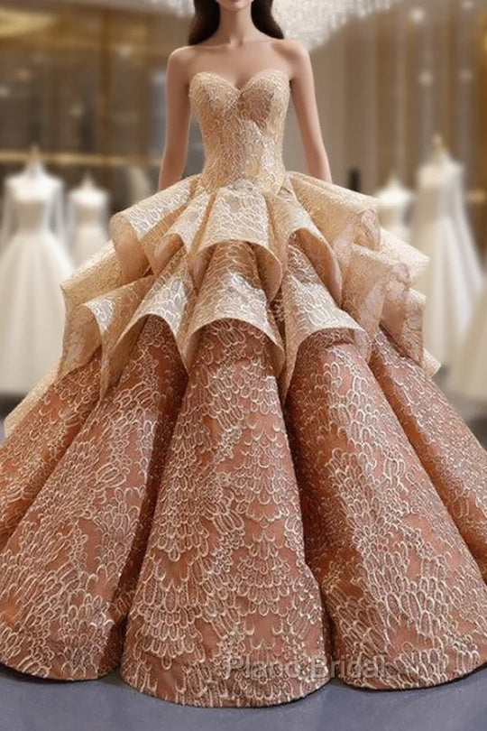 Champagne Ball Gown Sweetheart Appliques Lace Luxury Formal Prom Dresses Main image