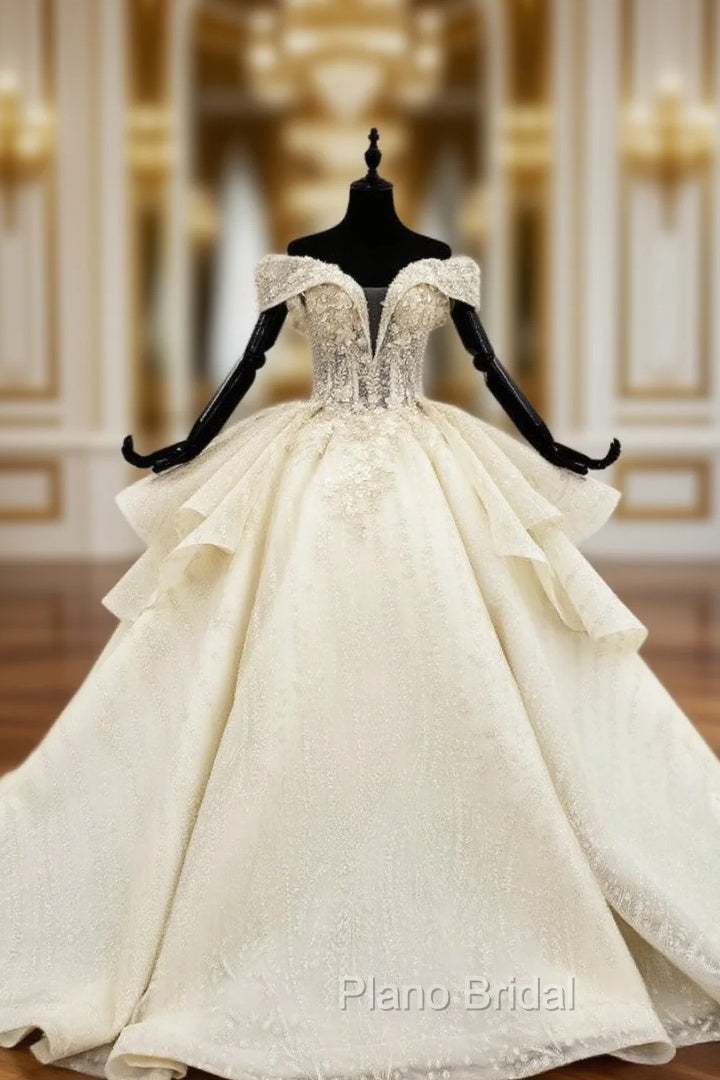 Champagne Ball Gown Tulle Appliques Off the Shoulder Wedding Dresses With Long Train