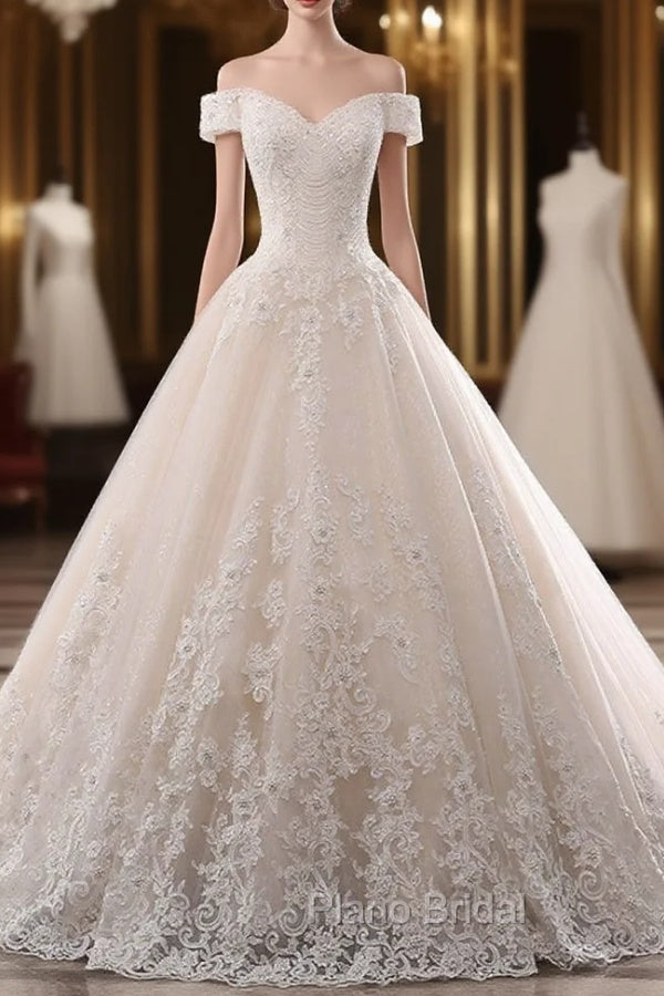 Champagne Ball Gown Tulle Appliques Off The Shoulder Wedding Dresses
