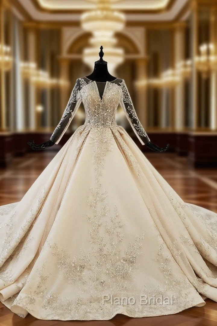 Champagne Ball Gown Tulle Backless Sequins Long Sleeve Wedding Dresses