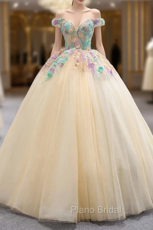 Champagne Ball Gown Tulle Colorful Appliques Formal Prom Dresses Main image
