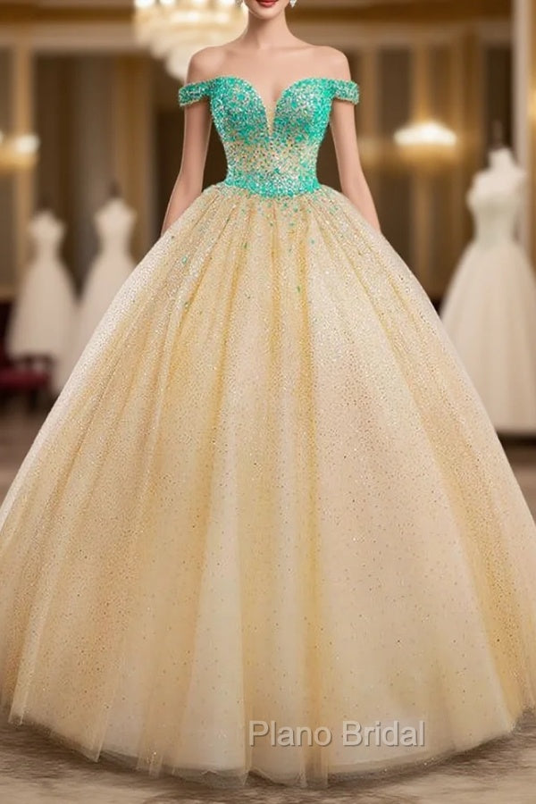Champagne Ball Gown Tulle Crystal Backless Wedding Dresses Main image