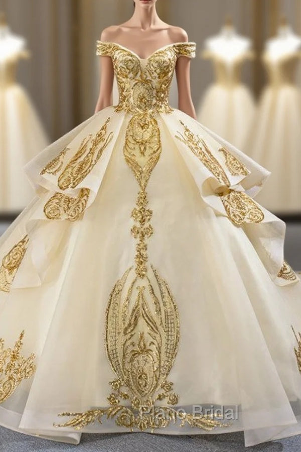 Champagne Ball Gown Tulle Gold Sequins Appliques Off the Shoulder Formal Prom Dresses Main image