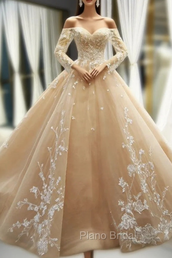 Champagne Ball Gown Tulle Lace Appliques Off The Shoulder Long Sleeve Formal Prom Dresses Main image