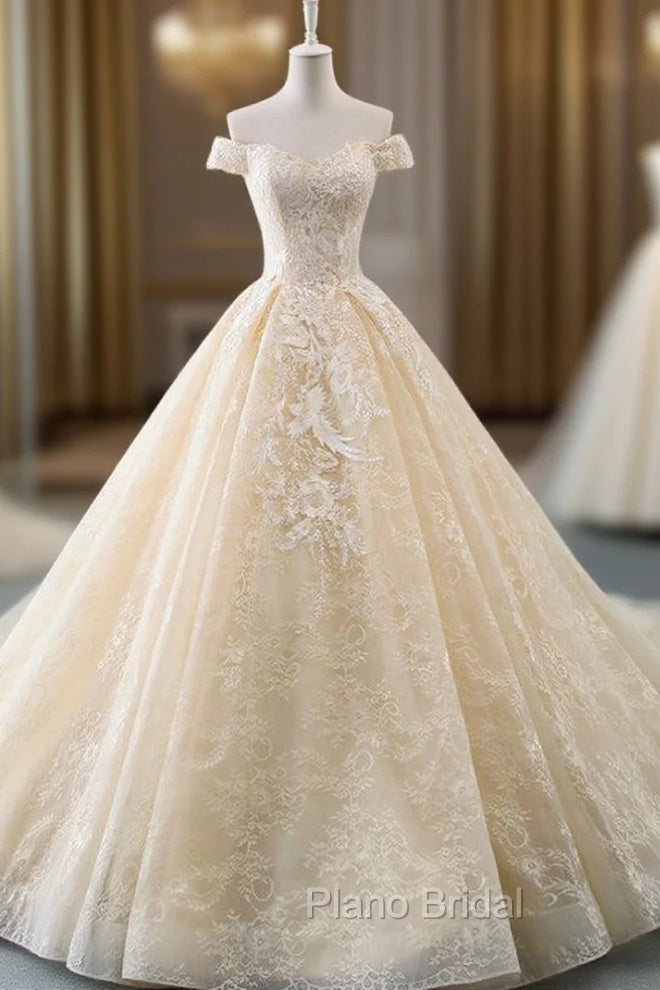 Champagne Ball Gown Tulle Lace Appliques Wedding Dresses With Train Main image