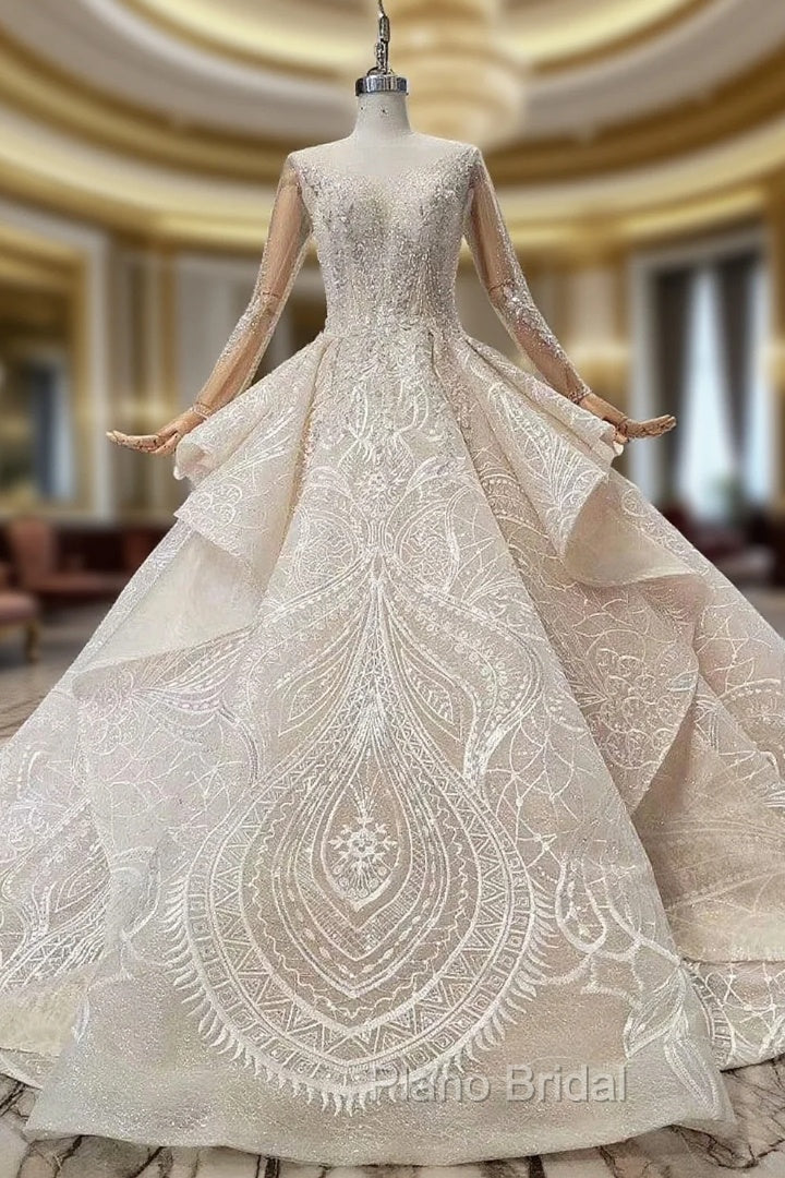 Champagne Ball Gown Tulle Lace Long Sleeve Backless Wedding Dresses With Beading Main image