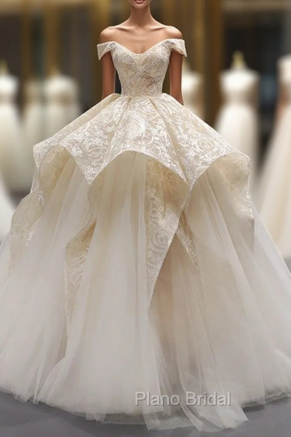 Champagne Ball Gown Tulle Lace Off The Shoulder Formal Prom Dresses