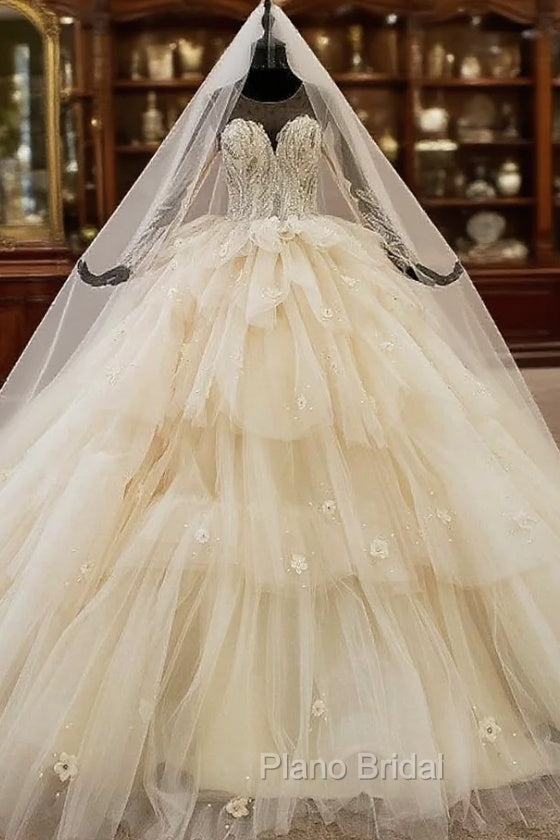Champagne Ball Gown Tulle Long Sleeve Tiers Beading Wedding Dresses Main image