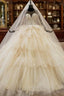 Champagne Ball Gown Tulle Long Sleeve Tiers Beading Wedding Dresses