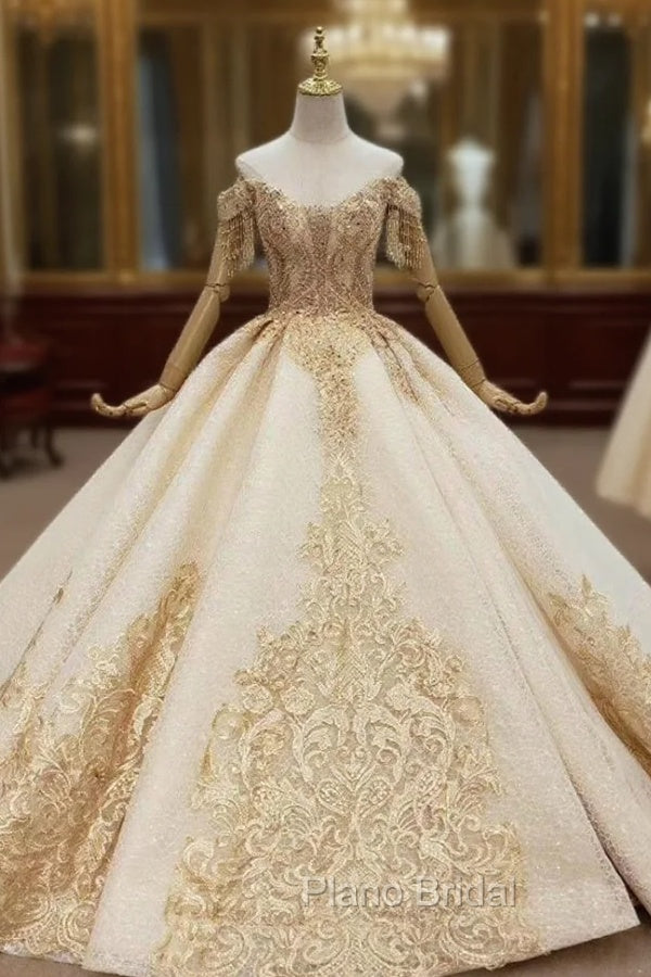 Champagne Ball Gown Tulle Off the Shoulder Lace Appliques Wedding Dresses Main image