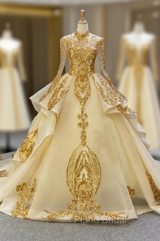 Champagne Ball Gown Tulle Sequins Appliques High Neck Formal Prom Dresses Main image