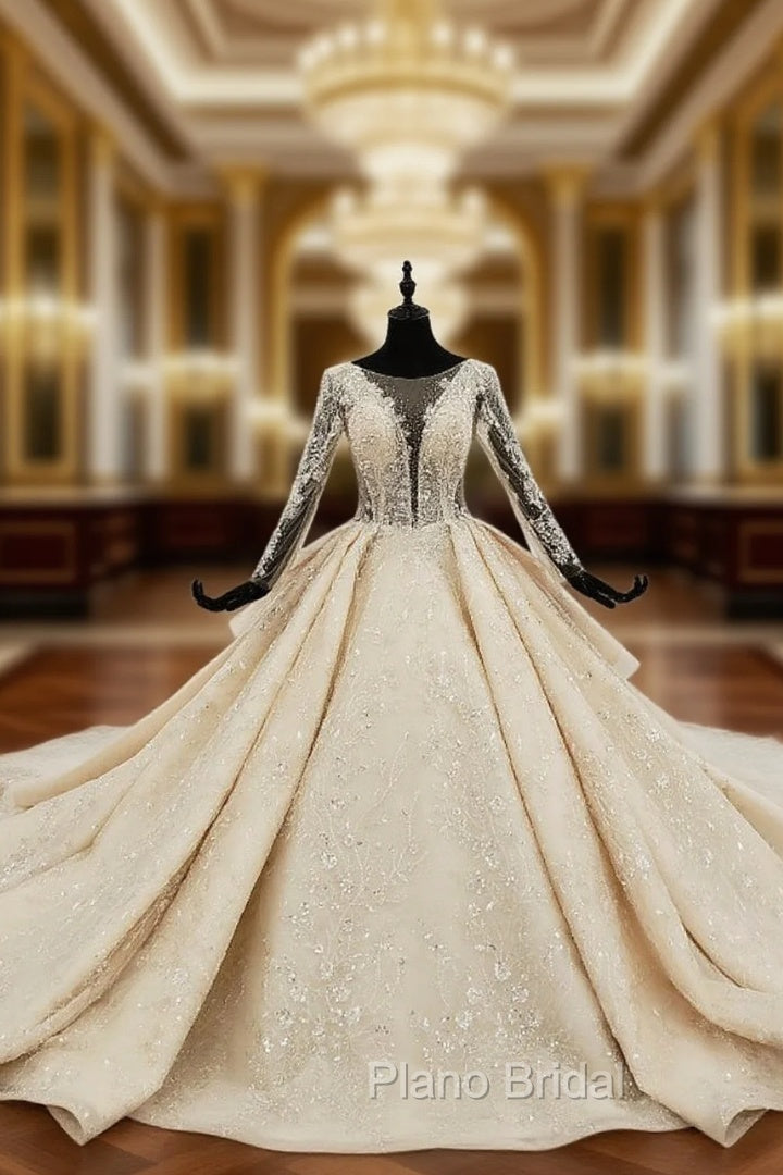 Champagne Ball Gown Tulle Sequins Appliques Long Sleeve Wedding Dresses Main image