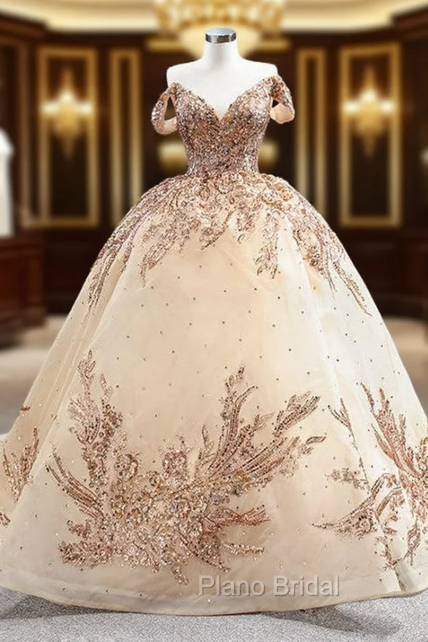Champagne Ball Gown Tulle Sequins Beading Formal Prom Dresses