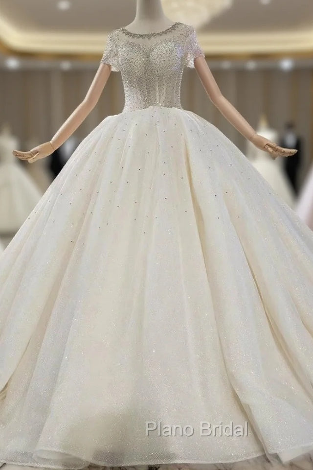 Champagne Ball Gown Tulle Sequins Beading Short Sleeve Wedding Dresses Main image