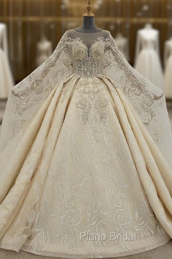 Champagne Ball Gown Tulle Sequins Beading Wedding Dresses With Long Train Main image