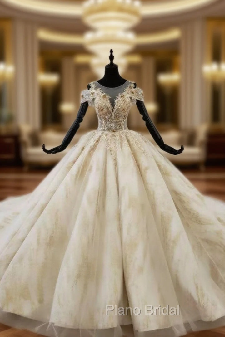 Champagne Ball Gown Tulle Sequins Beading Wedding Dresses