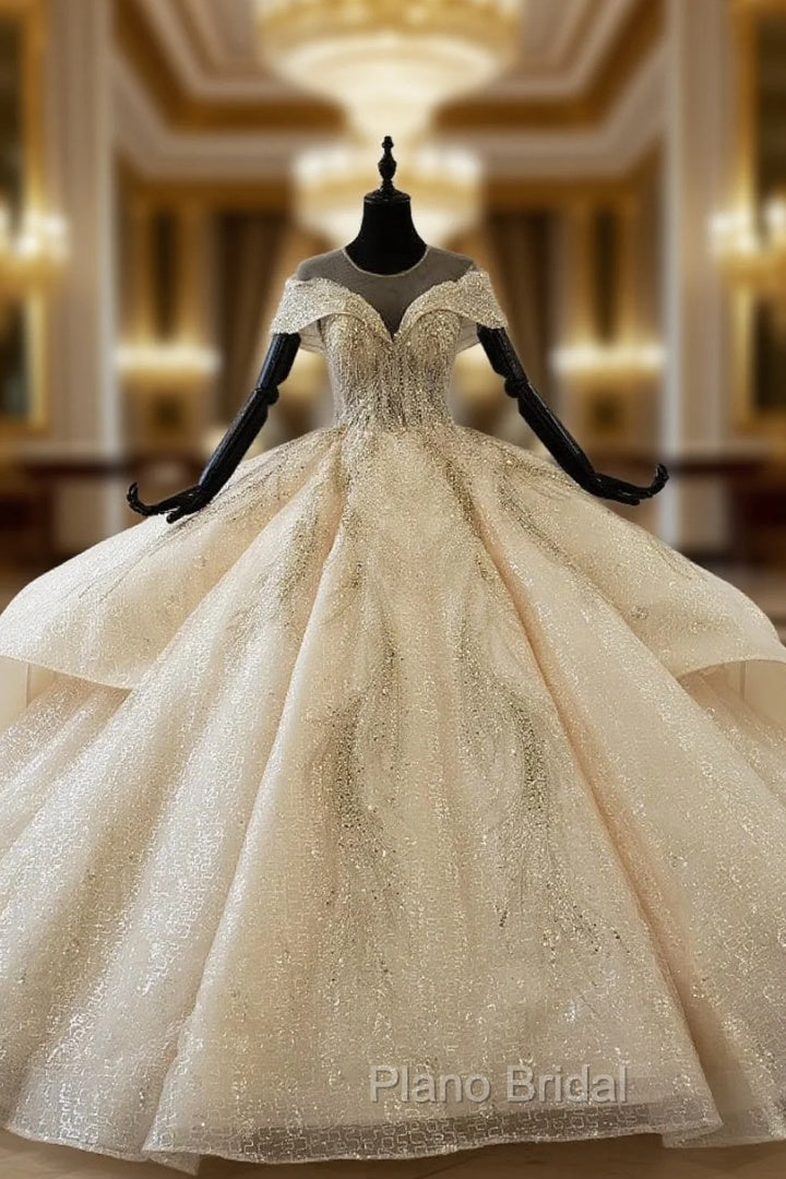 Champagne Ball Gown Tulle Sequins Cap Sleeve Backless Wedding Dresses With Train Main image