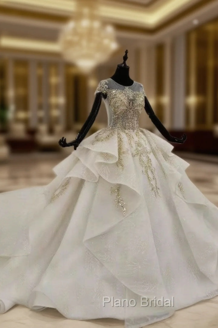 Champagne Ball Gown Tulle Sequins Cap Sleeve Backless Wedding Dresses Main image