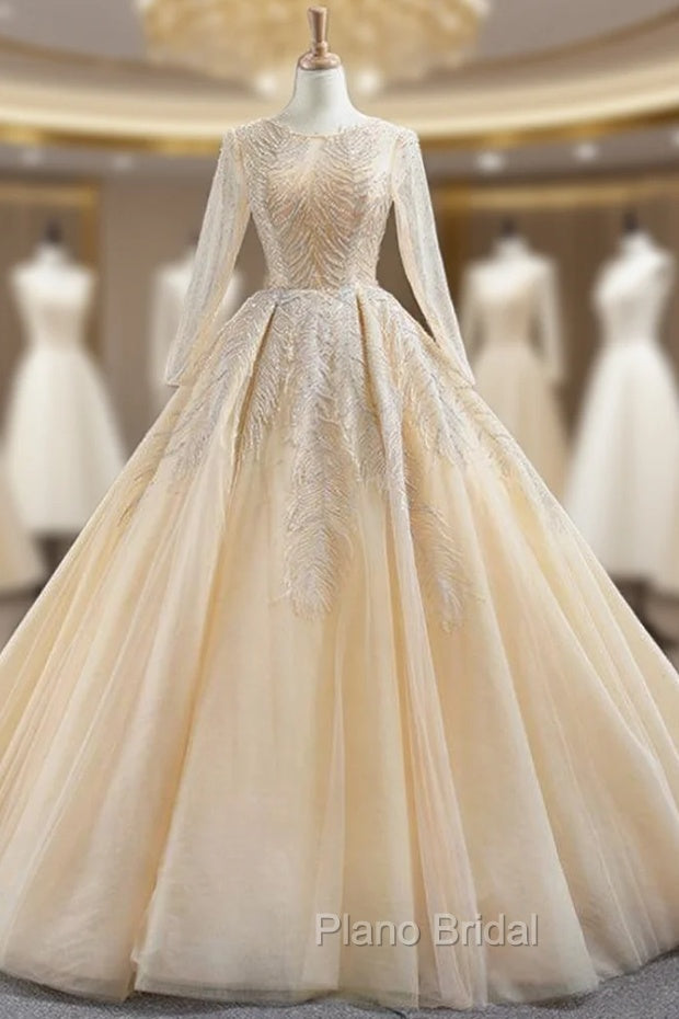 Champagne Ball Gown Tulle Sequins Long Sleeve Backless Formal Prom Dresses Main image