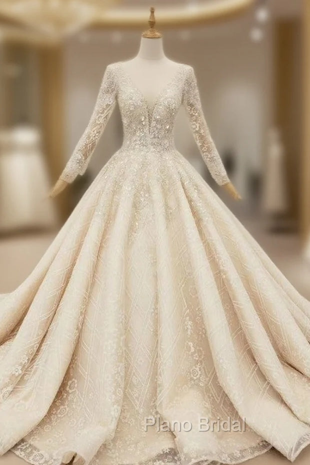 Champagne Ball Gown Tulle Sequins Long Sleeve Beading Wedding Dresses Main image