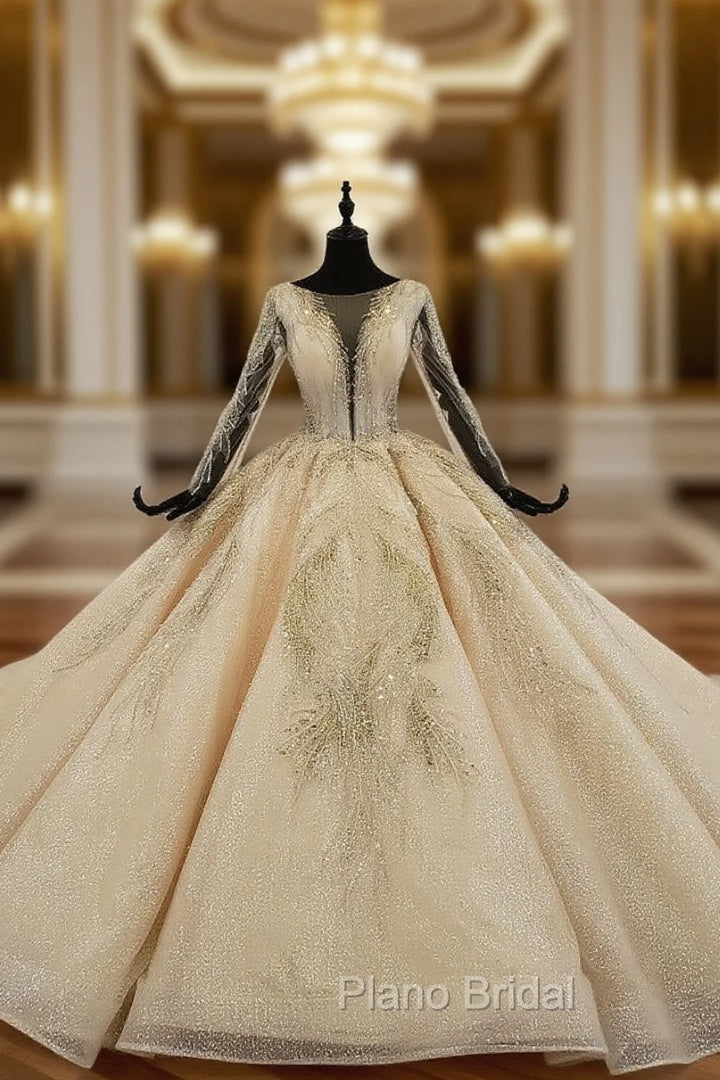 Champagne Ball Gown Tulle Sequins Long Sleeve Luxury Wedding Dresses With Beading