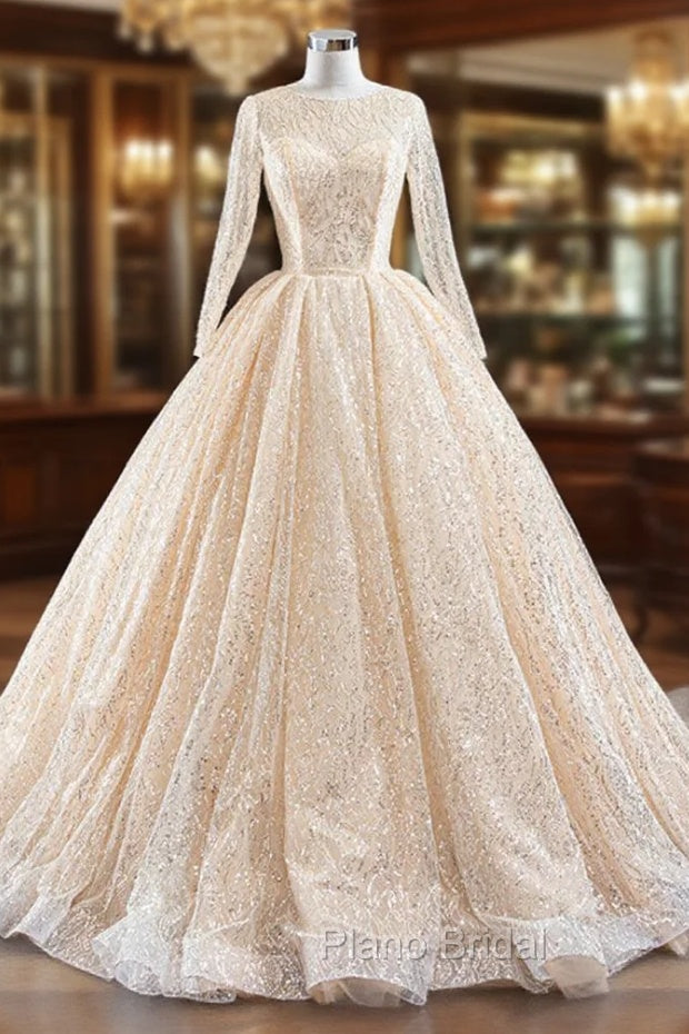 Champagne Ball Gown Tulle Sequins Long Sleeve Formal Prom Dresses