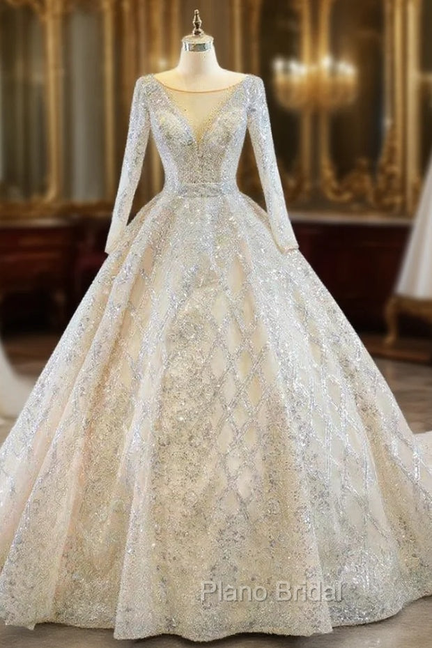 Champagne Ball Gown Tulle Sequins Long Sleeve Wedding Dresses Main image